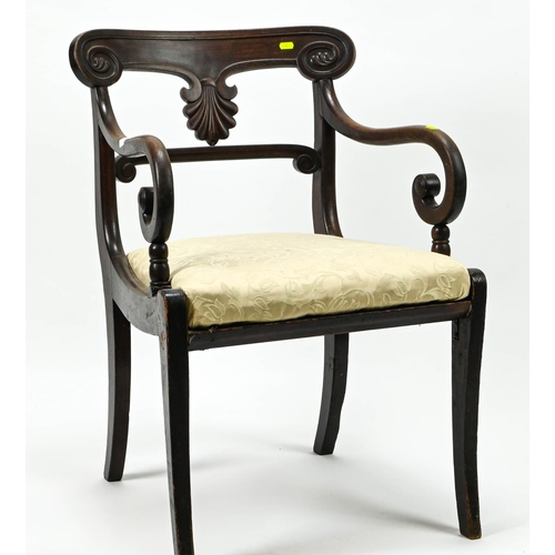 399 - English regency style scroll armed mahogany armchair