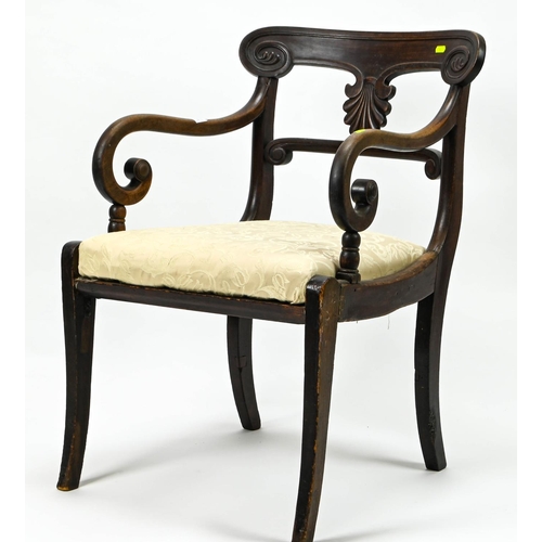 399 - English regency style scroll armed mahogany armchair