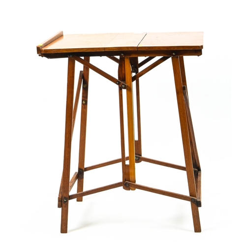 421 - Early c20 campaign style  metamorphic oak, artists folding table. W58cm D46cm H70cm