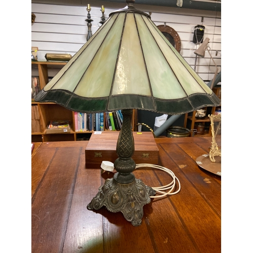 524 - Tiffany style table lamp. Cast base with large glass shade. H56 Dia 45cm