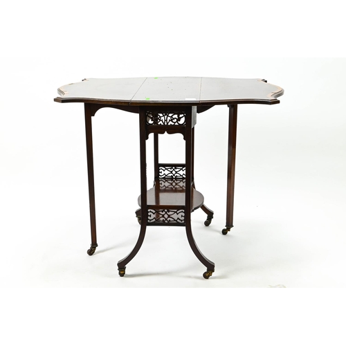 386 - Mahogany drop leaf occasional table with fretwork ends and lower gallery. Raised on castors. W86cm (... 