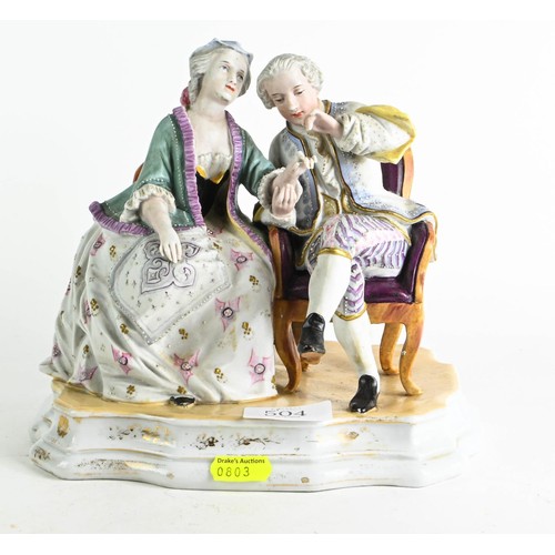 607 - Continental porcelain figural group of a gentleman and lady, possibly 19th century, width of base&nb... 