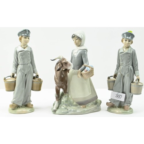 307 - Three Lladro figures including two Dutch boys with pails (one with repair to neck) and a girl with g... 