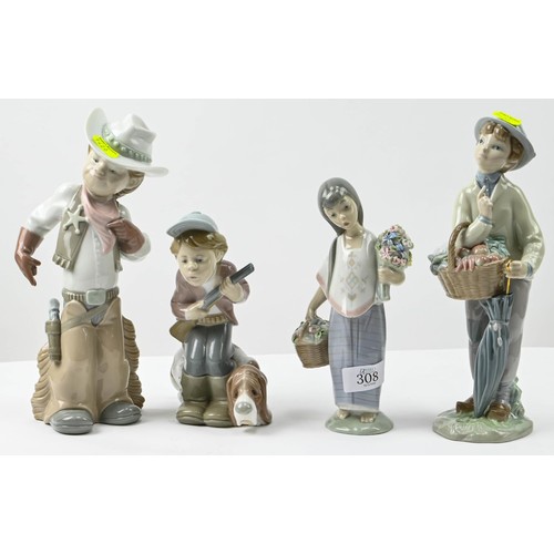 308 - Four Lladro figures including 'Cowboy', 'Little Gardener', 'Hunter Puppet' and a girl with basket an... 