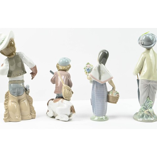 308 - Four Lladro figures including 'Cowboy', 'Little Gardener', 'Hunter Puppet' and a girl with basket an... 