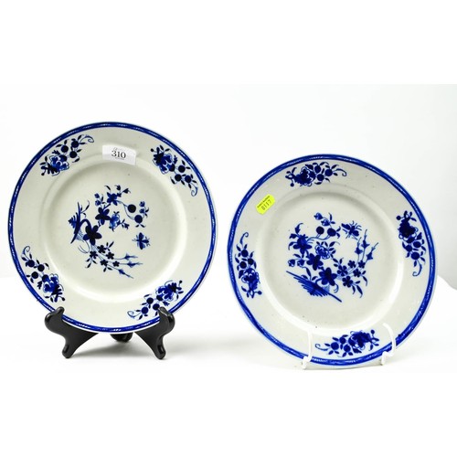 310 - Two C18th porcelain blue and white plates, possibly Tournai, dia. 24cm, unmarked to base