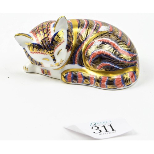 311 - Royal Crown Derby sleeping cat paperweight, with silver stopper, length 80mm