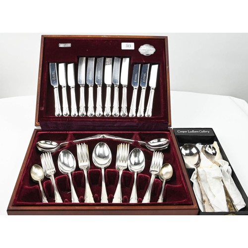 313 - Cooper Ludlam silver plated, six setting canteen of cutlery (complete) and boxed salad servers