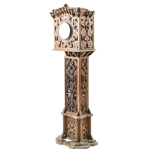 316 - Tall wooden fretwork clock with enamelled face surrounded in brass, height 70cm x W19cm, some losses