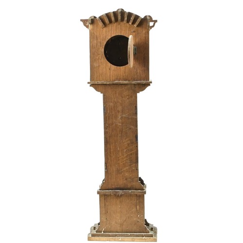 316 - Tall wooden fretwork clock with enamelled face surrounded in brass, height 70cm x W19cm, some losses