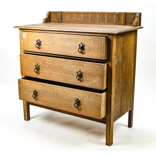 317 - Solid oak 3 drawer chest with detail carved upstand W91cm D44cm H90cm