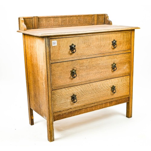 317 - Solid oak 3 drawer chest with detail carved upstand W91cm D44cm H90cm