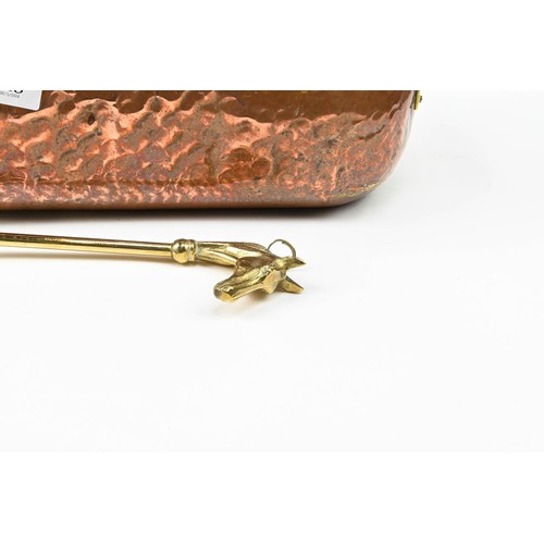 318 - Copper handled planter, L49cm, together with a brass candlestick and shoehorn