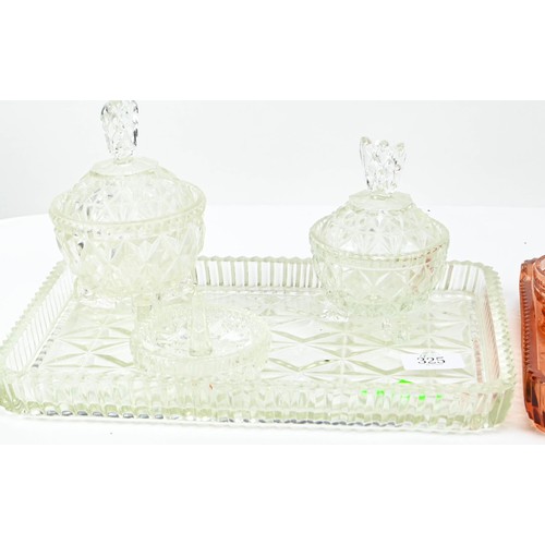 325 - Two glass dressing table sets, one peach coloured