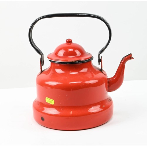 328 - Large red enamel stove top kettle. Wear to interior so decorative purposes only.