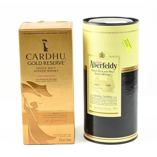 339 - Aberfeldy, single highland malt Scotch Whisky in tube, 70cl. Together with a Cardhu single malt Scot... 