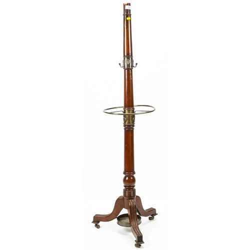 351 - Mahogany and brass coat / hat stand on castors. Top has been broken off. Height 155cm