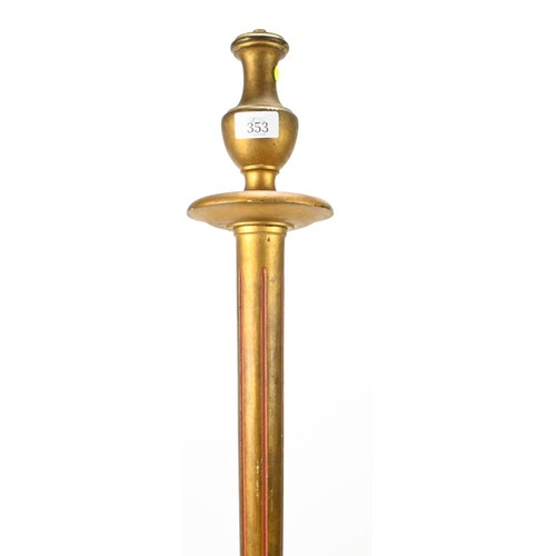 353 - Wooden standard lamp base with gilt finish. Approx 155cm high.