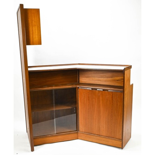 359 - Teak Turnidge corner bar on castors with sliding glass shelves and cupboard. H 168 (overall) 98cm (t... 