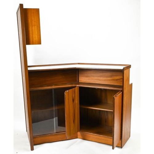 359 - Teak Turnidge corner bar on castors with sliding glass shelves and cupboard. H 168 (overall) 98cm (t... 