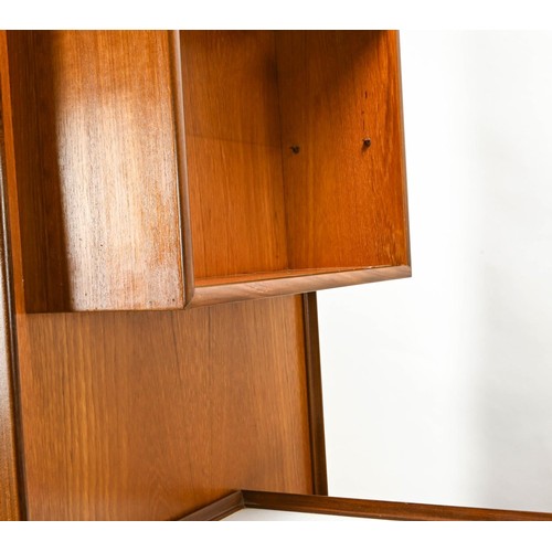 359 - Teak Turnidge corner bar on castors with sliding glass shelves and cupboard. H 168 (overall) 98cm (t... 