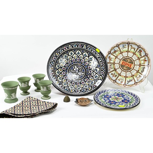 368 - Quantity of Portuguese style hand painted glazed pottery and green Wedgwood Jasperware