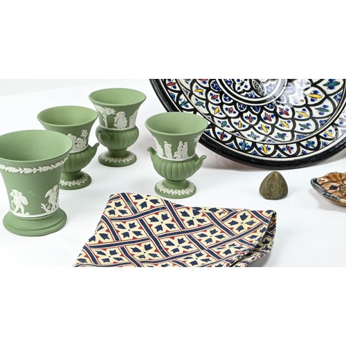 368 - Quantity of Portuguese style hand painted glazed pottery and green Wedgwood Jasperware