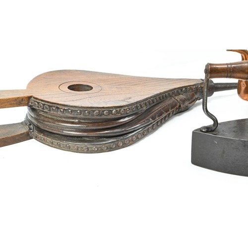 373 - Hollow flat iron, copper kettle and pair of bellows.