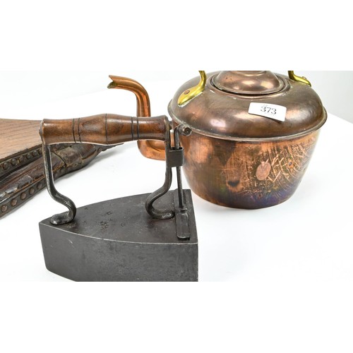 373 - Hollow flat iron, copper kettle and pair of bellows.