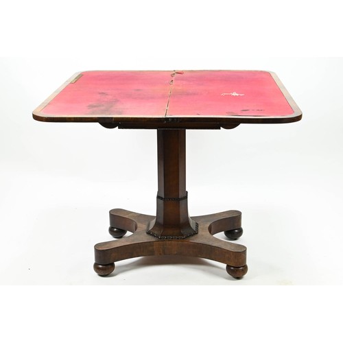 381 - Rosewood veneer pedestal card table on bun feet. See condition report. W 91 xx D 46 x H 74 (folded)