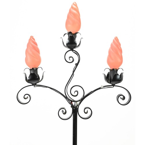 382 - Wrought iron candelabra style standard lamp with 3 glass flame shades. Height 148cm. 