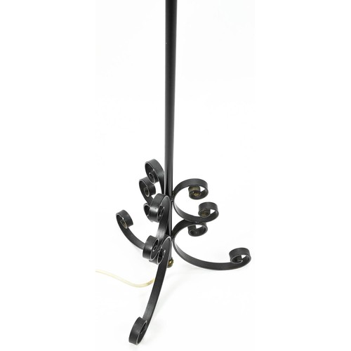 382 - Wrought iron candelabra style standard lamp with 3 glass flame shades. Height 148cm. 