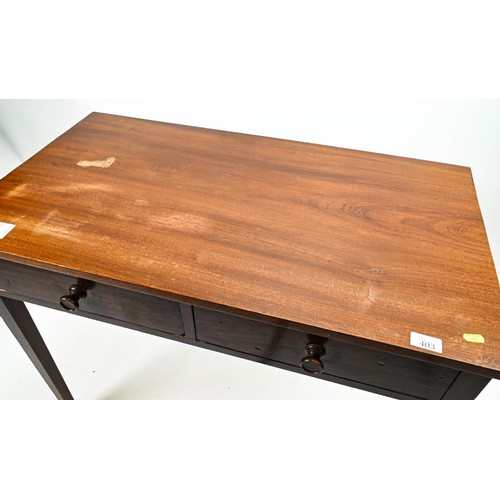 403 - 2 drawer desk, raised on tapered legs. W89cm D49cm H74cm