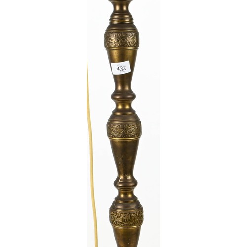 432 - Brass standard lamp base with Asian design. Height to fitting 140cm