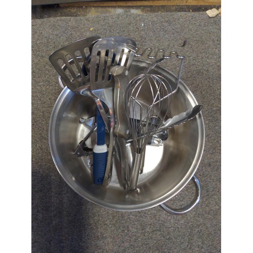 130 - Stainless cooking pots + utensils inc. Prestige