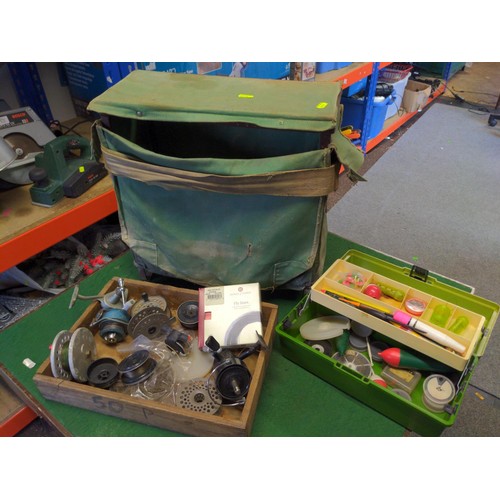 147 - Quantity of vintage fishing items Inc fishing box/seat, Tool box with contents Inc Floats + Wooden t... 