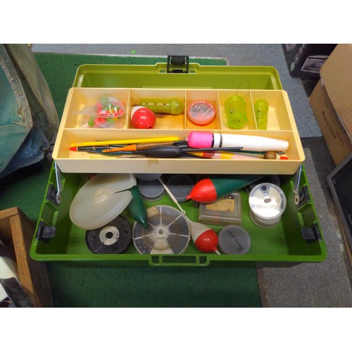 147 - Quantity of vintage fishing items Inc fishing box/seat, Tool box with contents Inc Floats + Wooden t... 