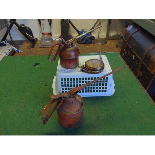 158 - vintage oil cans in small plastic basket 