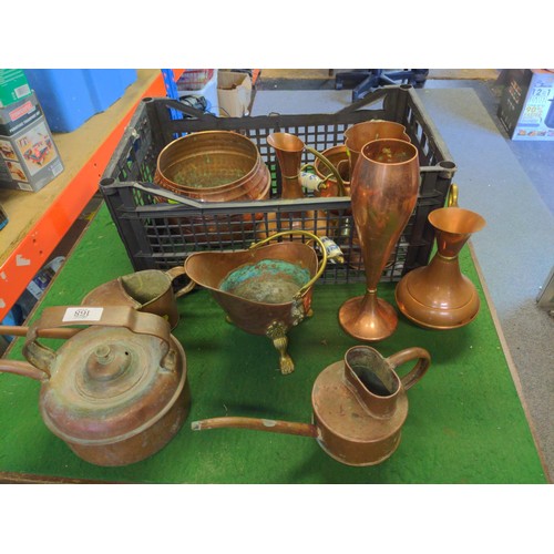 168 - Tray of copper items Inc. watering can, vase, kettle Etc..