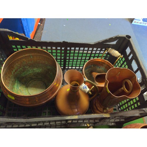 168 - Tray of copper items Inc. watering can, vase, kettle Etc..