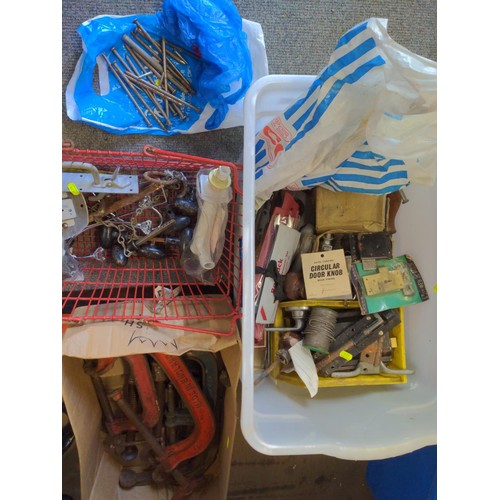 181 - Box of various tools and fixings inc. G-clamps, spanners etc.