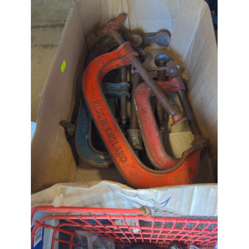 181 - Box of various tools and fixings inc. G-clamps, spanners etc.