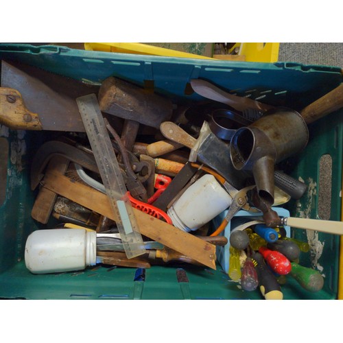 185 - Box of various hand tools Inc screwdrivers, saws, oil jug Etc. 