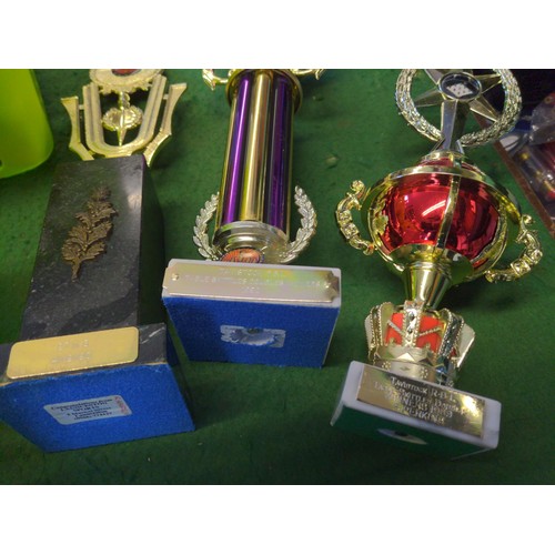 201 - Collection of trophies in two plastic baskets, some skittles 