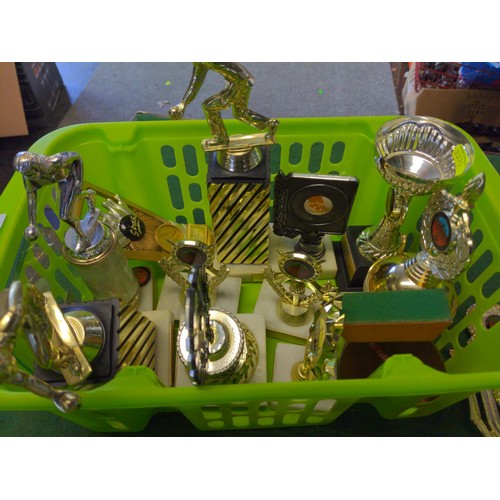 201 - Collection of trophies in two plastic baskets, some skittles 