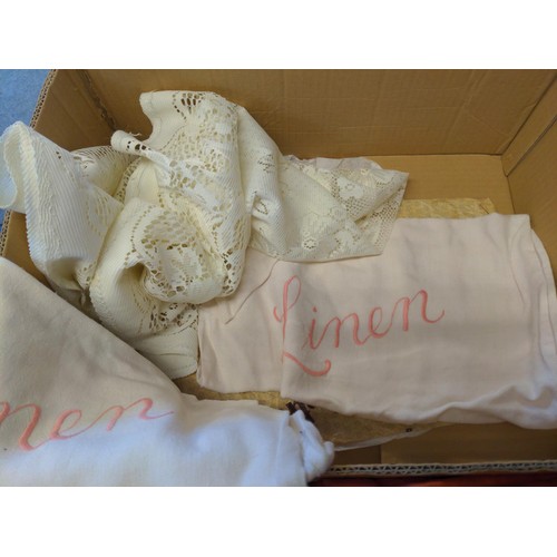 217 - Box of table linen, lace + other items