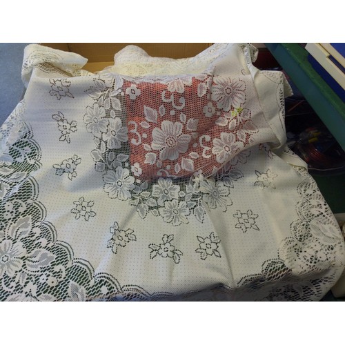 217 - Box of table linen, lace + other items