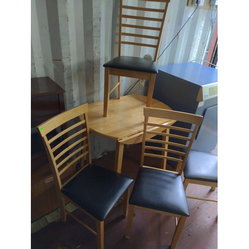 225 - Small drop leaf table with 4 leatherette chairs W92cm D65 H75cm