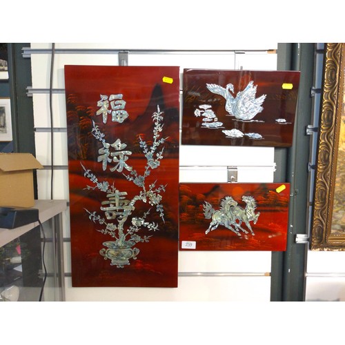 259 - Three lacquered inlaid oriental artworks, largest 59 x 29cm