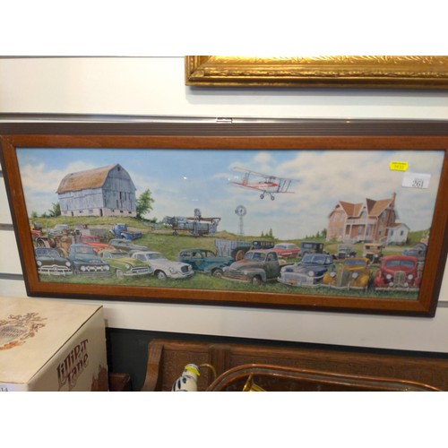 261 - Framed of vintage american cars on a farm 76 x 33cm